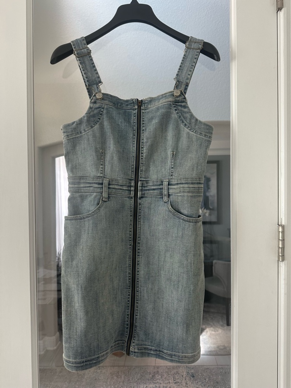 American Eagle Zip Front Denim Mini Dress Size 4 Y2K Fitted Overall Dress
